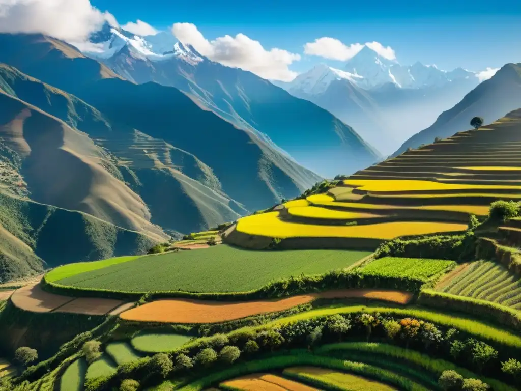 Un paisaje impresionante de cultivos andinos menos conocidos en terrazas, con campesinos locales y picos nevados de fondo