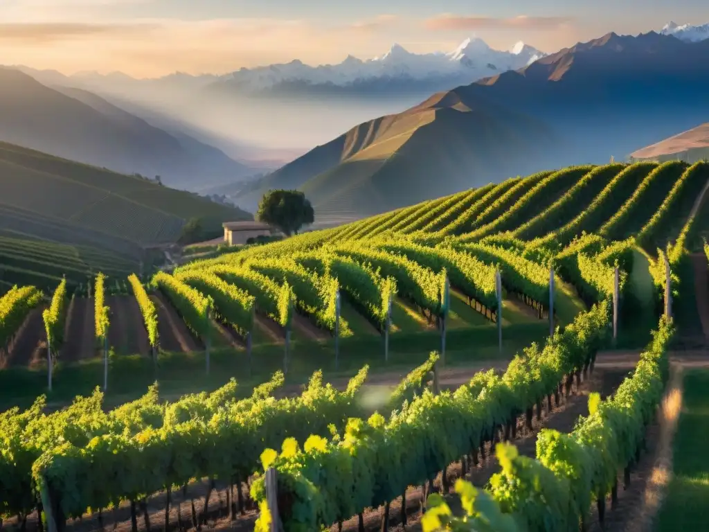 Paisaje impresionante de viñedos andinos en Perú al atardecer, con los picos nevados de los Andes y agricultores locales trabajando