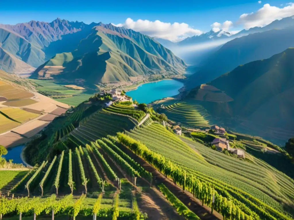 Un paisaje impresionante de viñedos en los Andes peruanos, con uvas vibrantes y picos nevados bajo un cielo azul