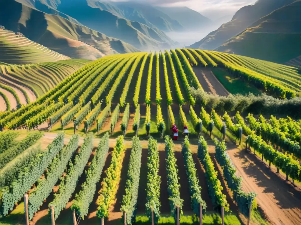 Un paisaje impresionante de viñedos verdes en Perú, con viticultores locales inspeccionando racimos de uvas