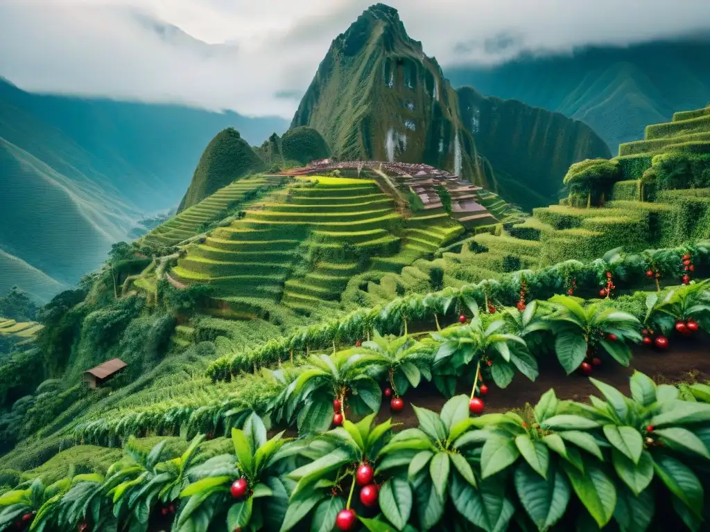 Un paisaje mágico de una plantación de café en los Andes peruanos, con agricultores recolectando con esmero