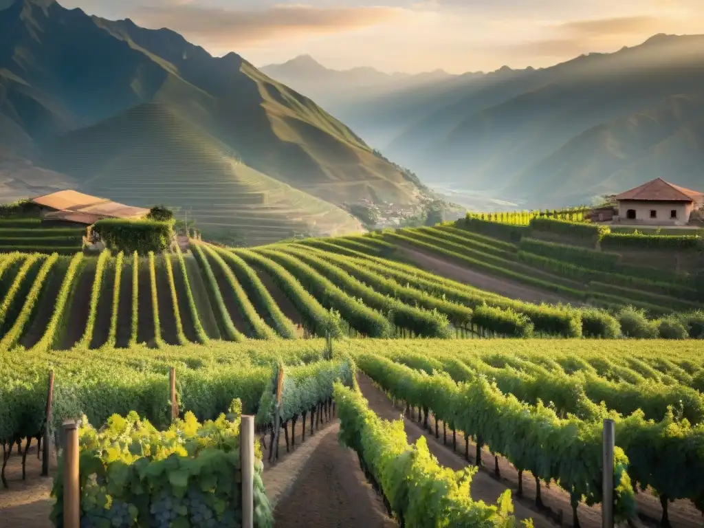 Paisaje mágico de viñedo peruano al atardecer, destacando la belleza de las uvas