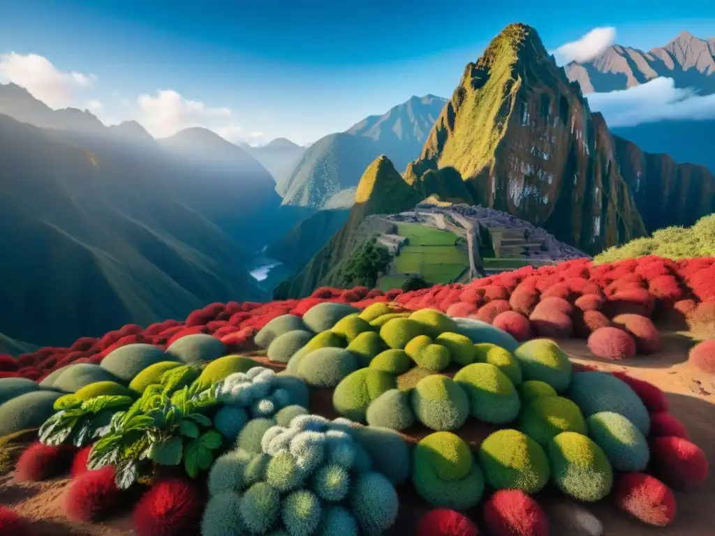 Un paisaje montañoso peruano exuberante con campos de maca negra y roja bajo un cielo azul, resaltando las diferencias entre maca negra