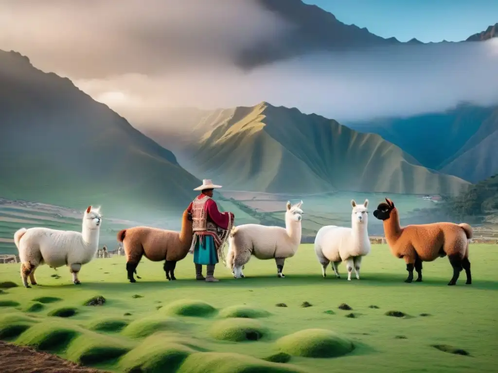 Paisaje peruano en la salida del sol con alpacas pastando en una ganadería sostenible en gastronomía