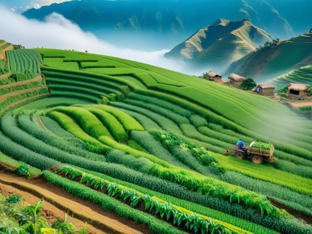 Paisaje peruano de agricultura sostenible: campesinos trabajando en armonía en terrazas verdes bajo cielo azul