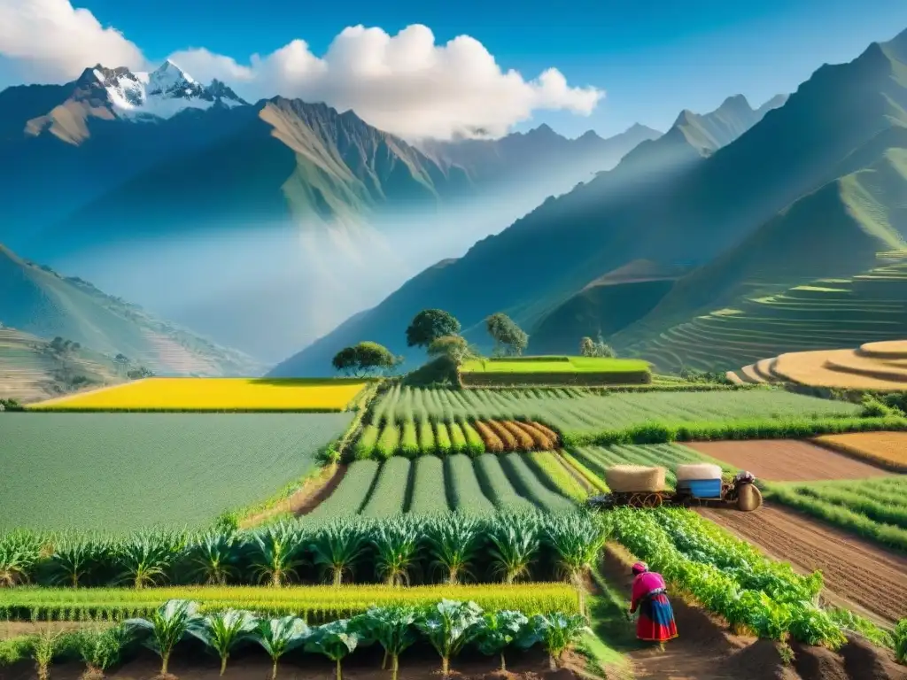 Paisaje peruano de agricultura sostenible con cultivos de quinua, maíz y papas, cultivados por agricultores locales