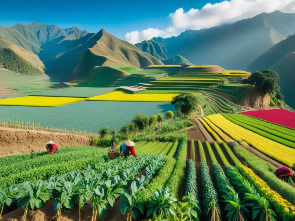 Un paisaje agrícola peruano vibrante y sostenible: campesinos tradicionales trabajan junto a modernos sistemas de riego y energía solar