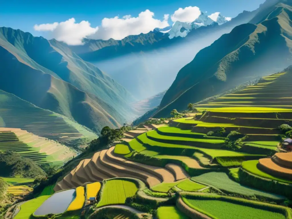 Un paisaje peruano vibrante con terrazas cultivadas y un agricultor en traje tradicional aplicando técnicas sostenibles en el suelo fértil