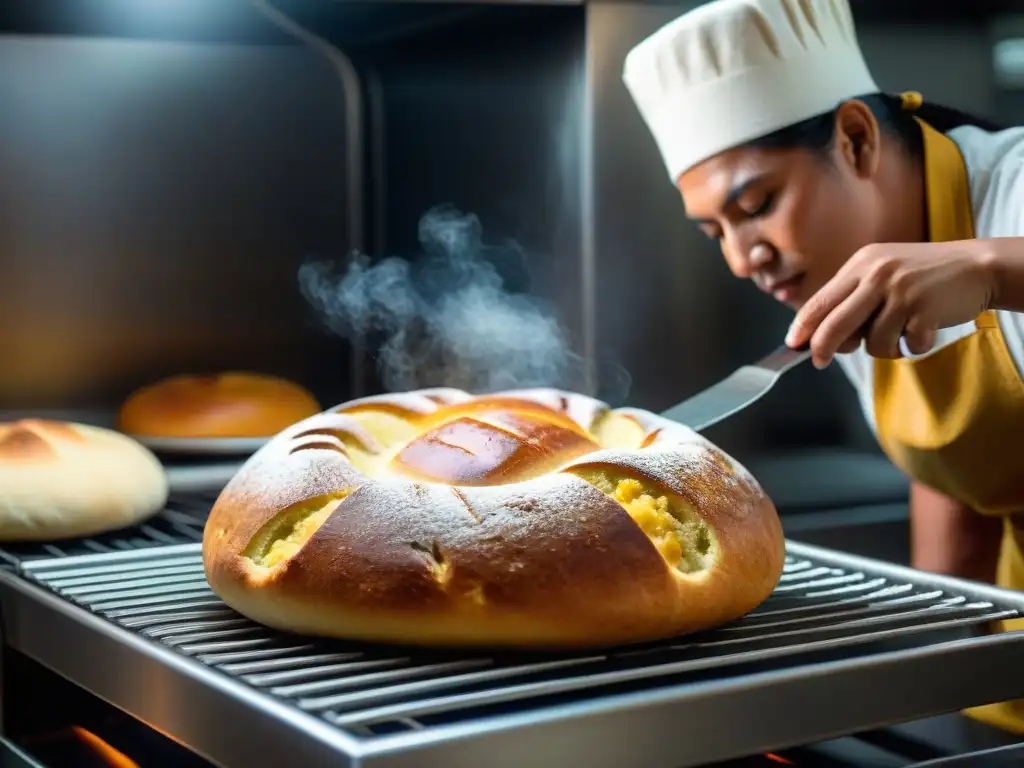 Un pan peruano tradicional entra en un horno inteligente, fusionando la tradición con la innovación en la panadería peruana con hornos inteligentes