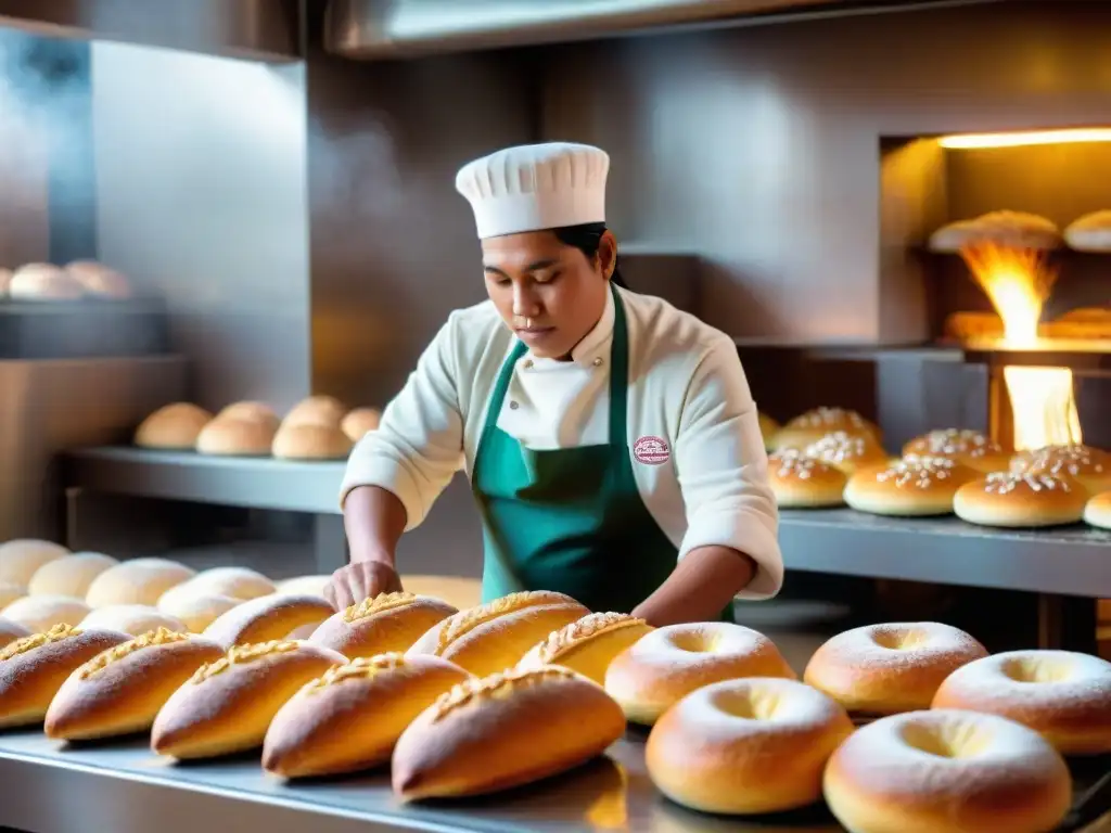 Panadería peruana con hornos inteligentes: artesanos de la masa creando y horneando delicias en un ambiente cálido y tecnológico