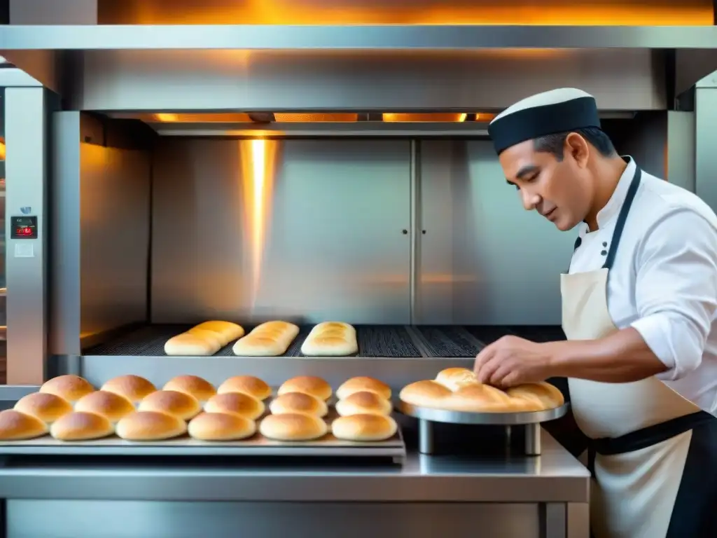 Panadería peruana con hornos inteligentes: Detalle del panel digital de un horno moderno en una bulliciosa panadería peruana