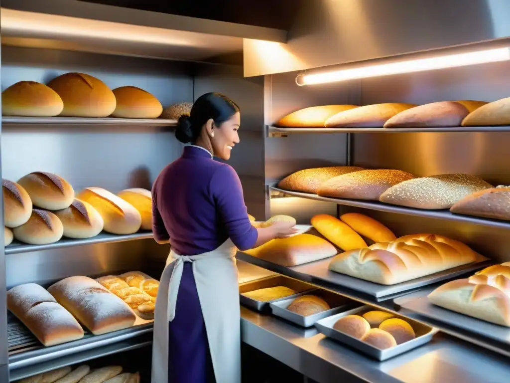 Una panadería peruana tradicional moderna rebosante de actividad, con panes peruanos tradicionales modernos en proceso de elaboración