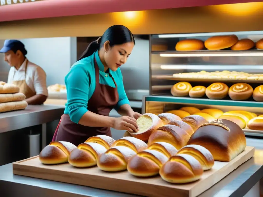 Una panadería peruana tradicional moderna llena de actividad con panes peruanos tradicionales modernos