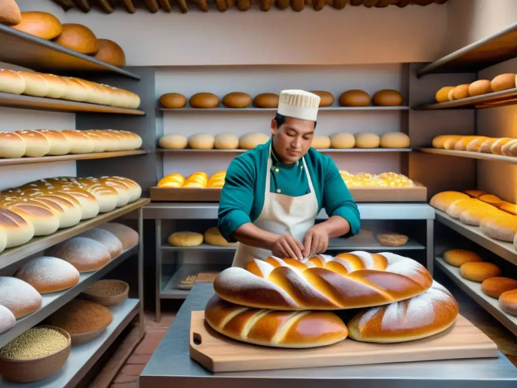 Una panadería peruana tradicional rebosante de vida y color, con panes recién horneados y pasteles elaborados