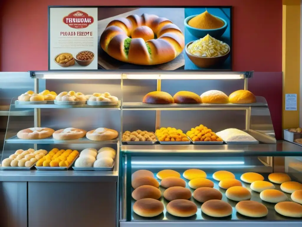 Una panadería peruana tradicional rebosante de delicias como pan de maíz, pan de yuca y pan chuta, con una cálida atmósfera matutina