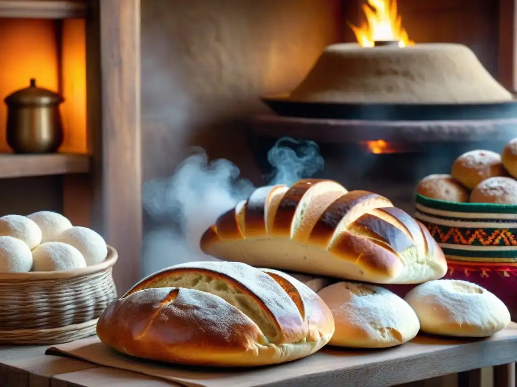 Panadería tradicional peruana con panes de quinua y amaranto, hornos de leña y telas coloridas