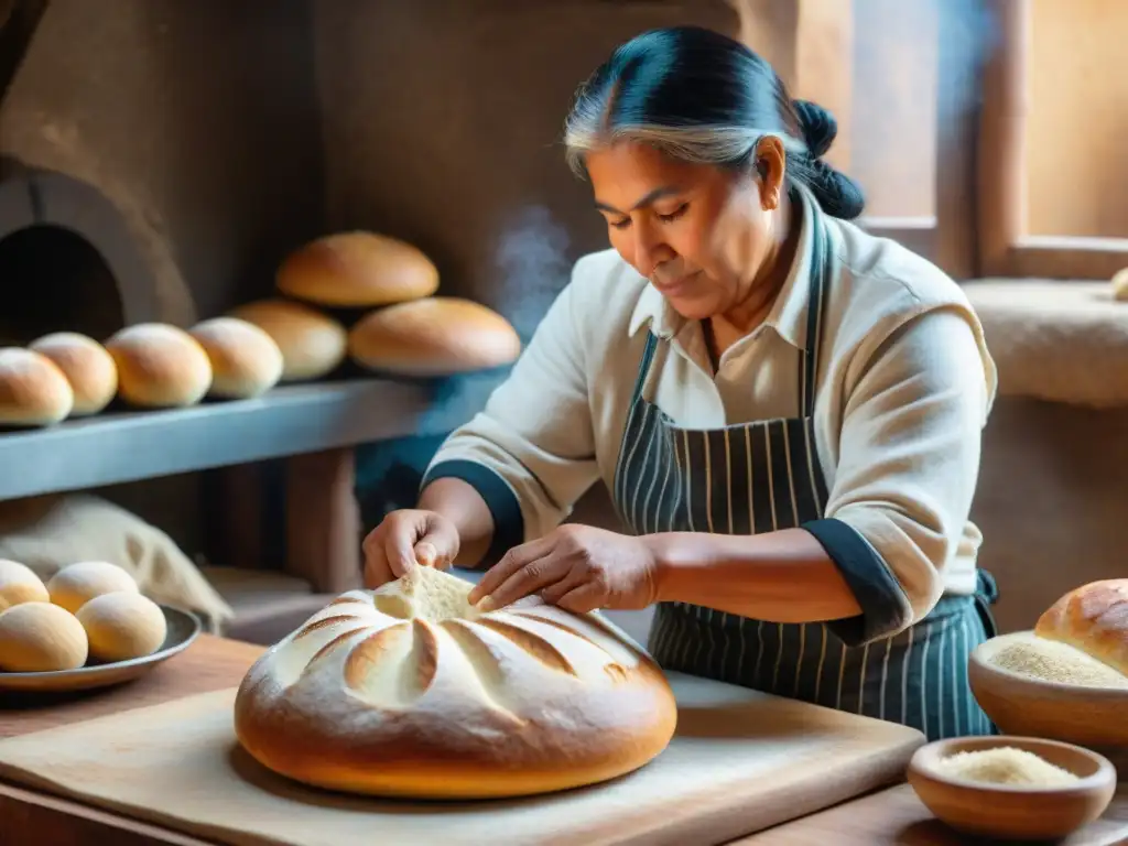 Un panadero andino moldea con destreza el Pan de Tres Puntas, mostrando la artesanía del Origen Pan Tres Puntas Andino