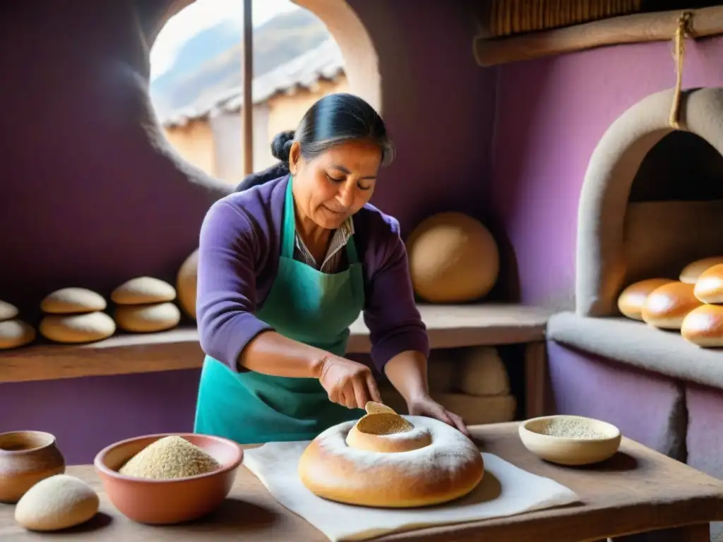 Un panadero andino experto da forma a la masa del Pan de los Andes receta en una cocina rústica iluminada por la luz del sol