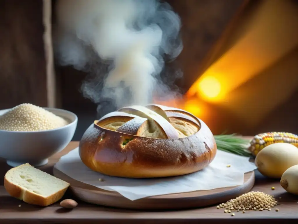 Un panadero andino experto moldea el Pan de Tres Puntas rodeado de ingredientes andinos