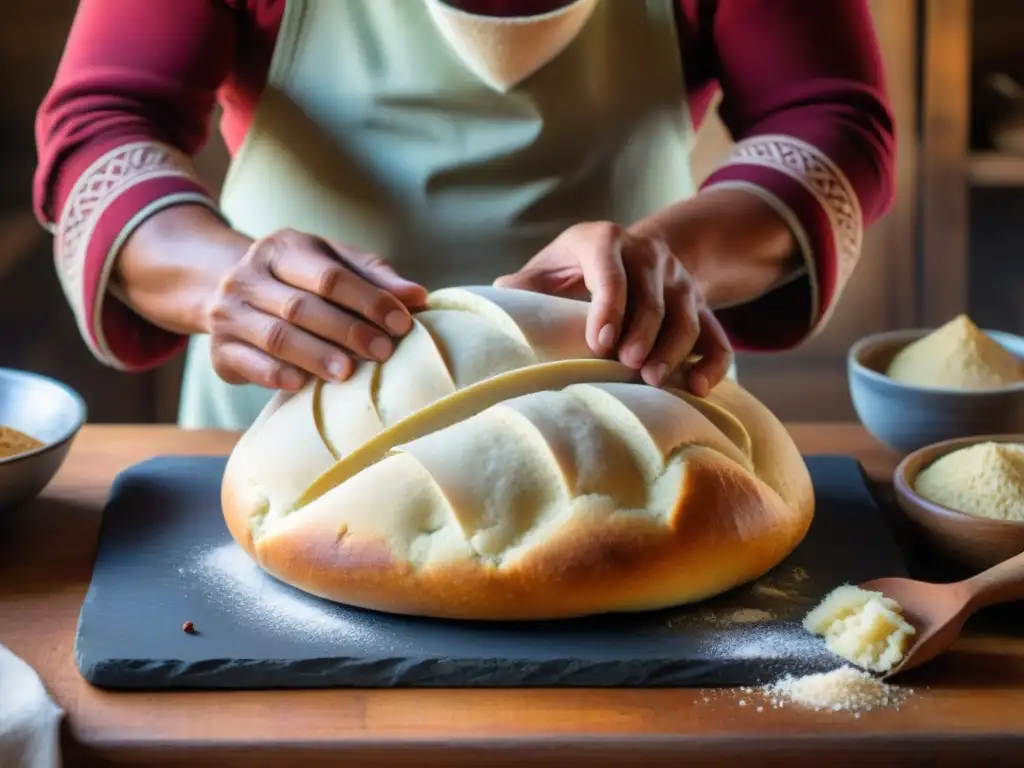 Un panadero andino experto moldea un Pan de Tres Puntas, mostrando tradición y destreza