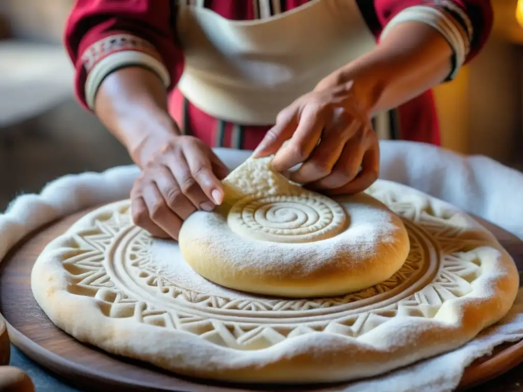 Panadero andino moldeando masa con destreza, en una escena detallada de la tradición del Pan de los Andes receta