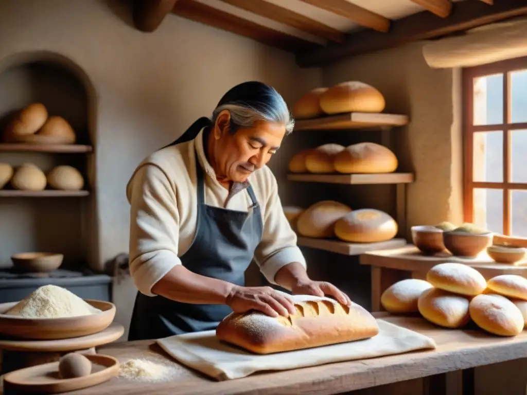 Un panadero andino moldea el Pan de los Andes en una cocina rústica iluminada por el sol, transmitiendo una tradición centenaria