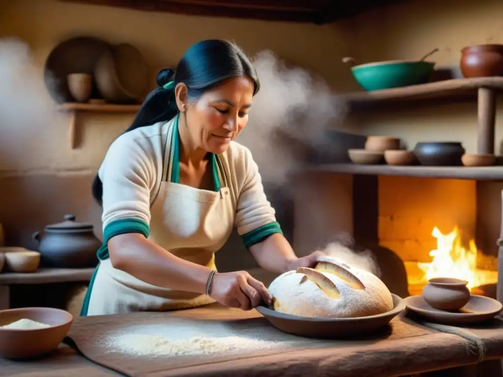 Un panadero andino moldea un Pan Tres Puntas rodeado de historia en una cocina rústica