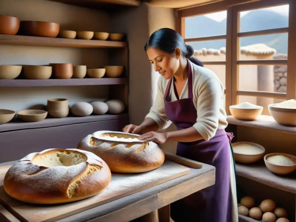 Un panadero andino moldea pan rodeado de ingredientes locales en una cocina rústica