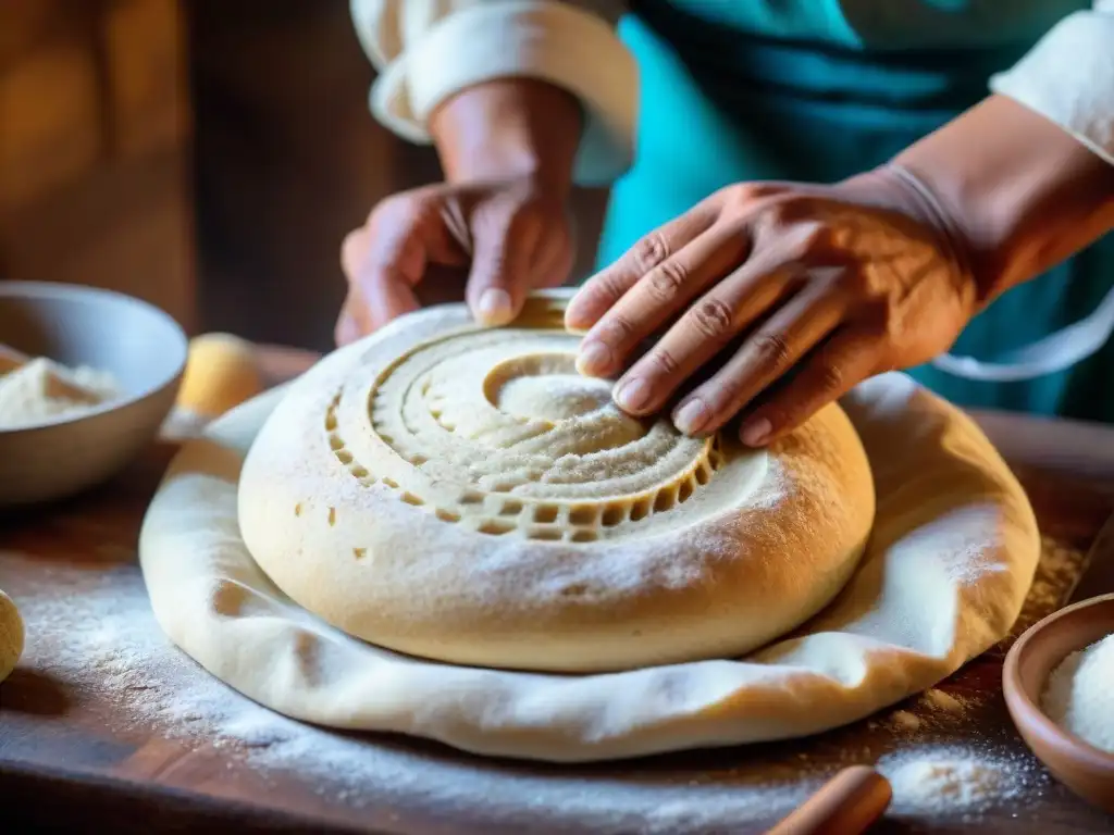 Maestría ancestral: manos de panadero peruano moldeando masa tradicional Un panadero experto moldeando con destreza una masa de pan tradicional peruano en un entorno rústico