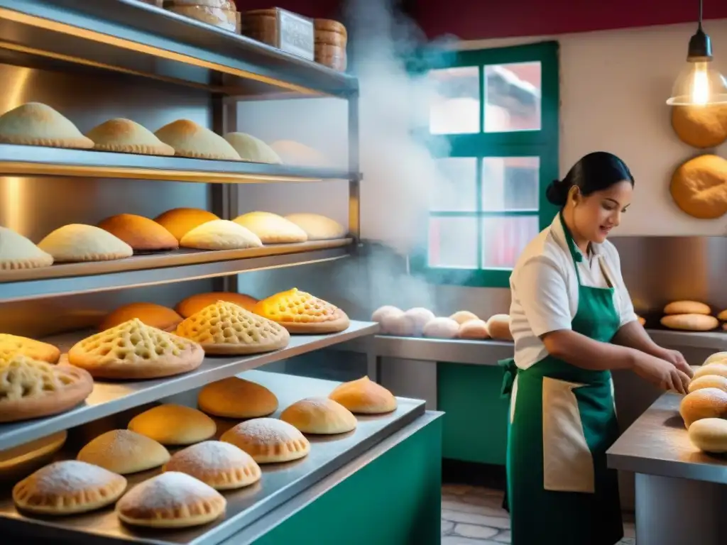 Un panadero experto en una panadería peruana tradicional, creando deliciosos panes y postres