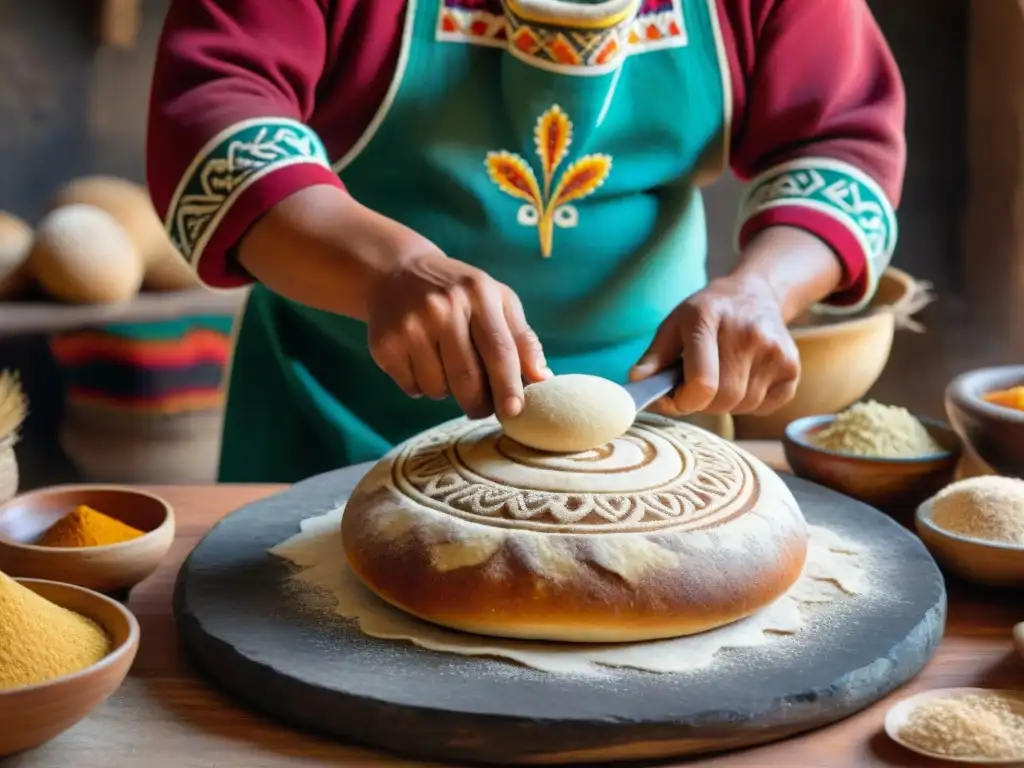 Arte ancestral: Pan chuta peruano hecho a mano Un panadero peruano ancestral moldea con destreza el 'pan chuta' en una cocina rústica