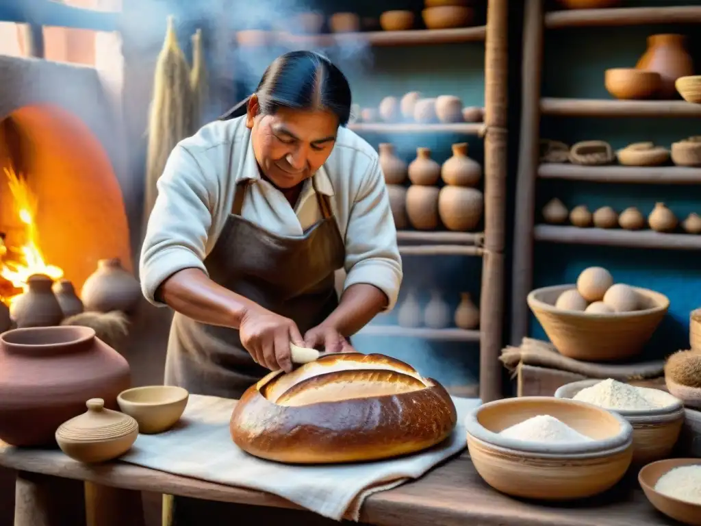 Artesano peruano moldeando pan tradicional Un panadero peruano ancestral moldea pan rodeado de herramientas rústicas y hornos de barro, en un entorno andino vibrante