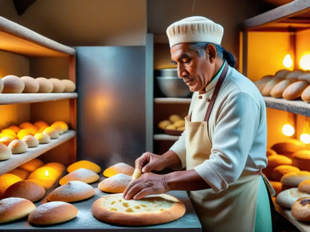 Un panadero peruano anciano moldea un pan de maíz en una panadería rústica, rodeado de delicias recién horneadas