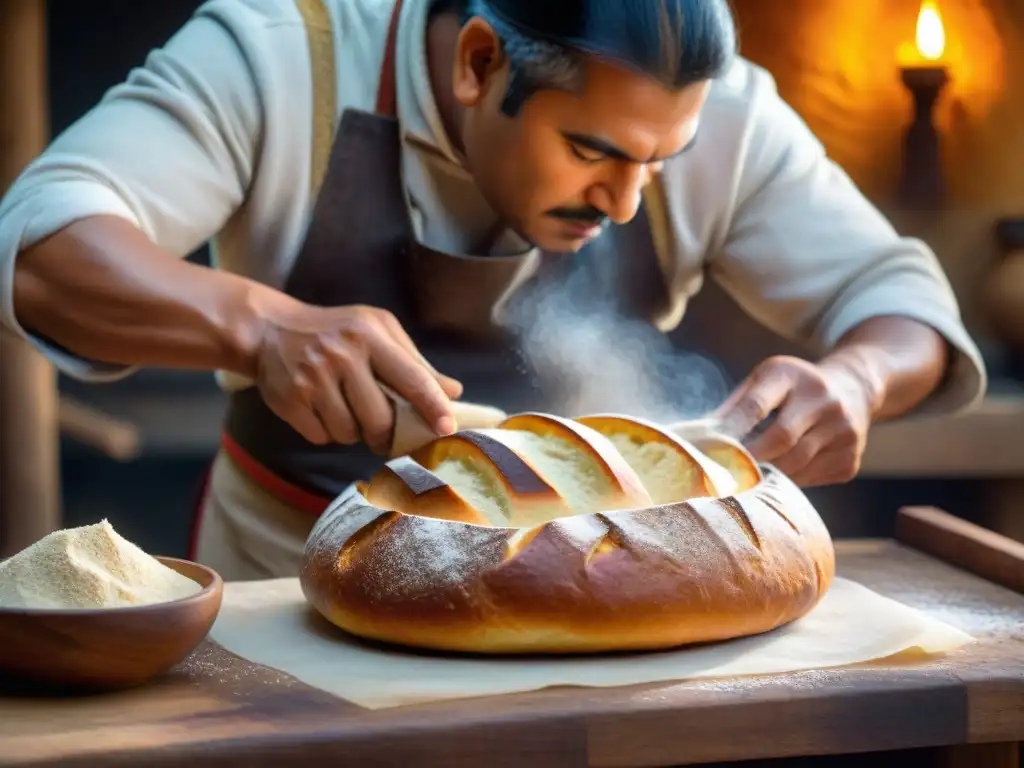 Un panadero peruano moldeando con destreza un Pan Chuta, mostrando la tradición y arte de la gastronomía peruana