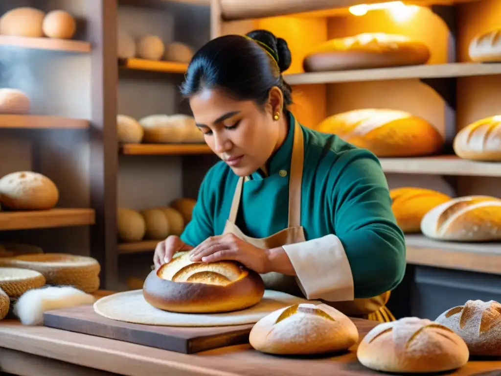 Un panadero peruano moldea con destreza un pan andino, exhibiendo la rica variedad de este alimento tradicional