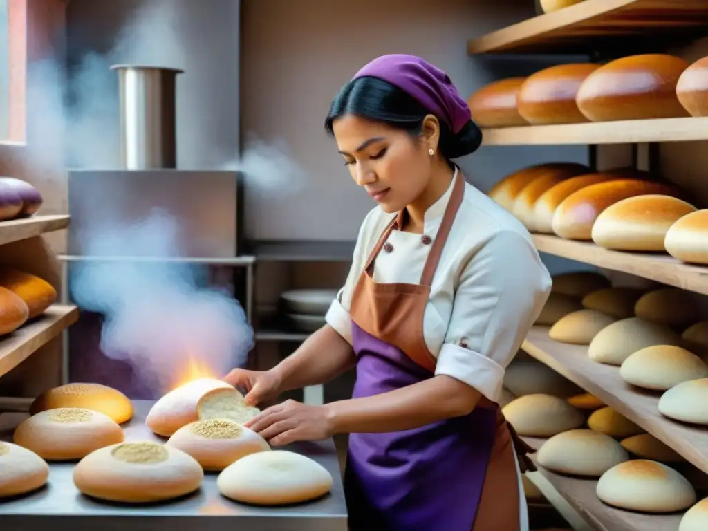 Un panadero peruano experto dando forma a panes peruanos tradicionales modernos en una panadería contemporánea