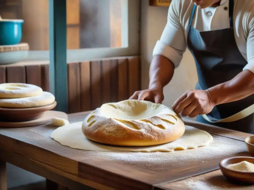 Un panadero peruano experto moldea la masa de pan francés