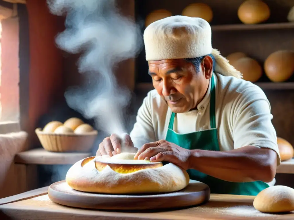 Un panadero peruano moldea el icónico Pan de los Andes con destreza, en una escena que destaca la técnica y la herencia cultural