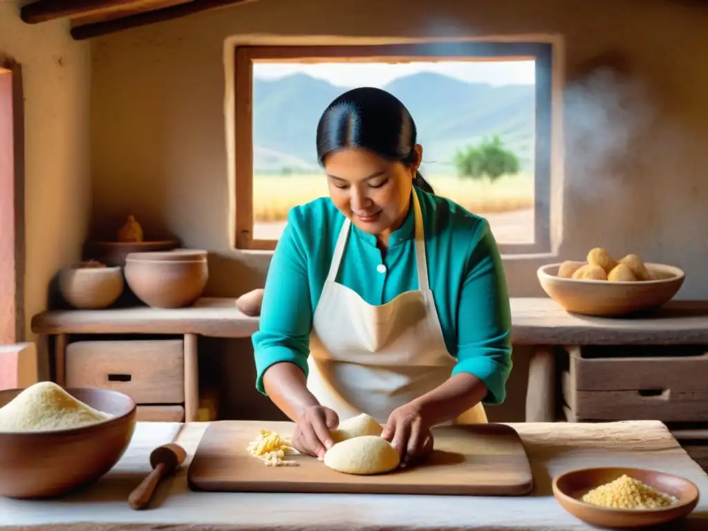 Panadero peruano amasando masa para Receta tradicional pan con chicharrón en cocina rústica, con ingredientes autóctonos y luz natural