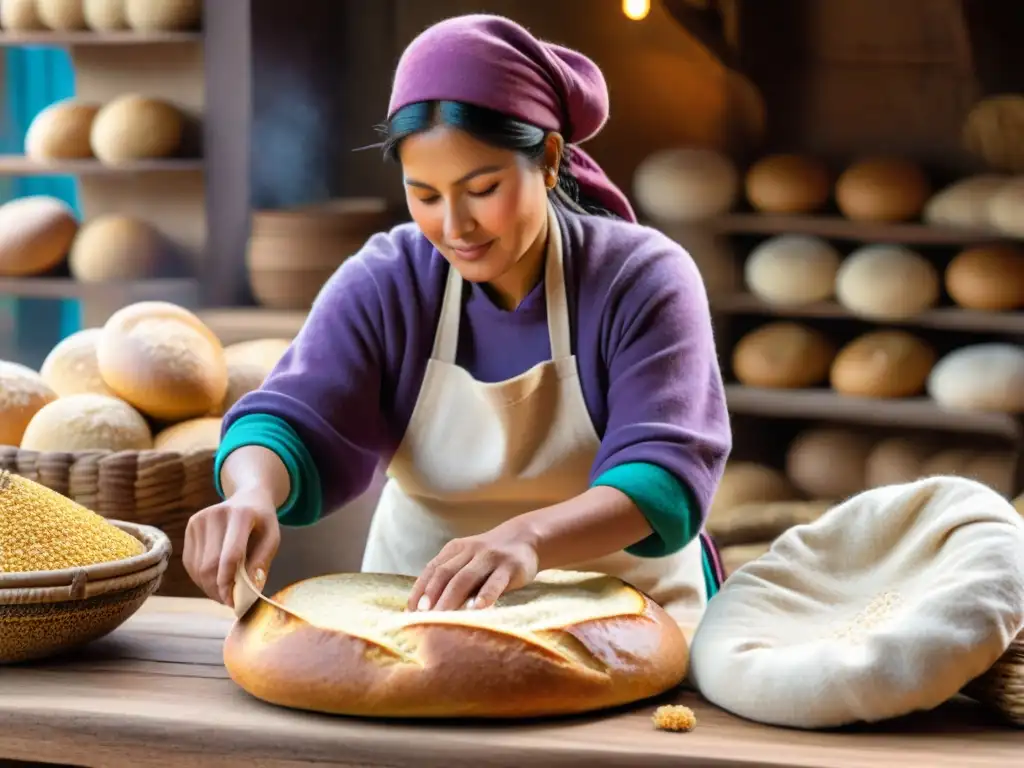 Un panadero peruano moldea pan andino en un mercado colorido