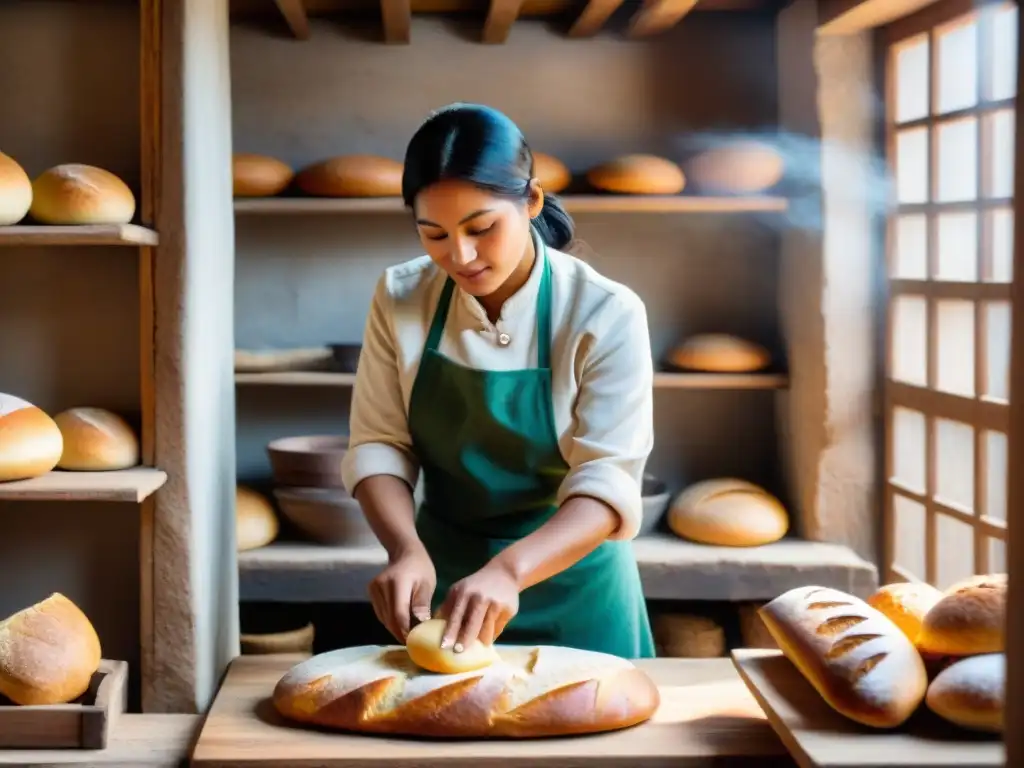 Un panadero peruano moldea pan en cocina andina, rodeado de pan recién horneado