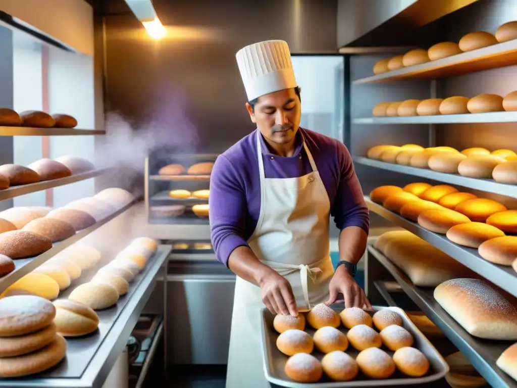 Un panadero peruano fusionando recetas tradicionales con técnicas modernas en una bulliciosa panadería