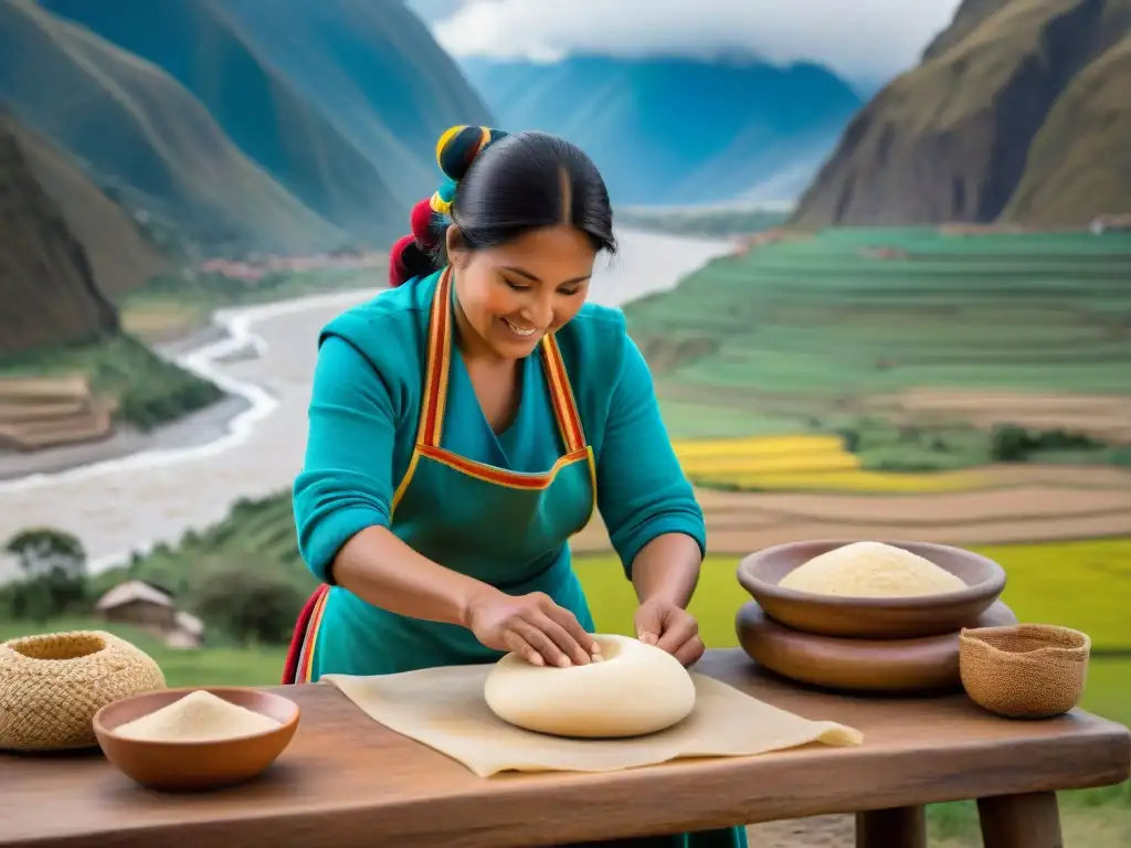 Un panadero peruano tradicional moldeando masa bajo el sol andino, con los picos majestuosos de los Andes y la costa en la distancia