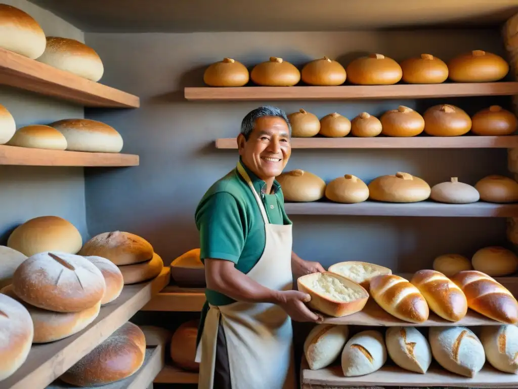 Un panadero peruano tradicional en los Andes moldeando pan francés junto a un horno de leña, rodeado de pan recién horneado