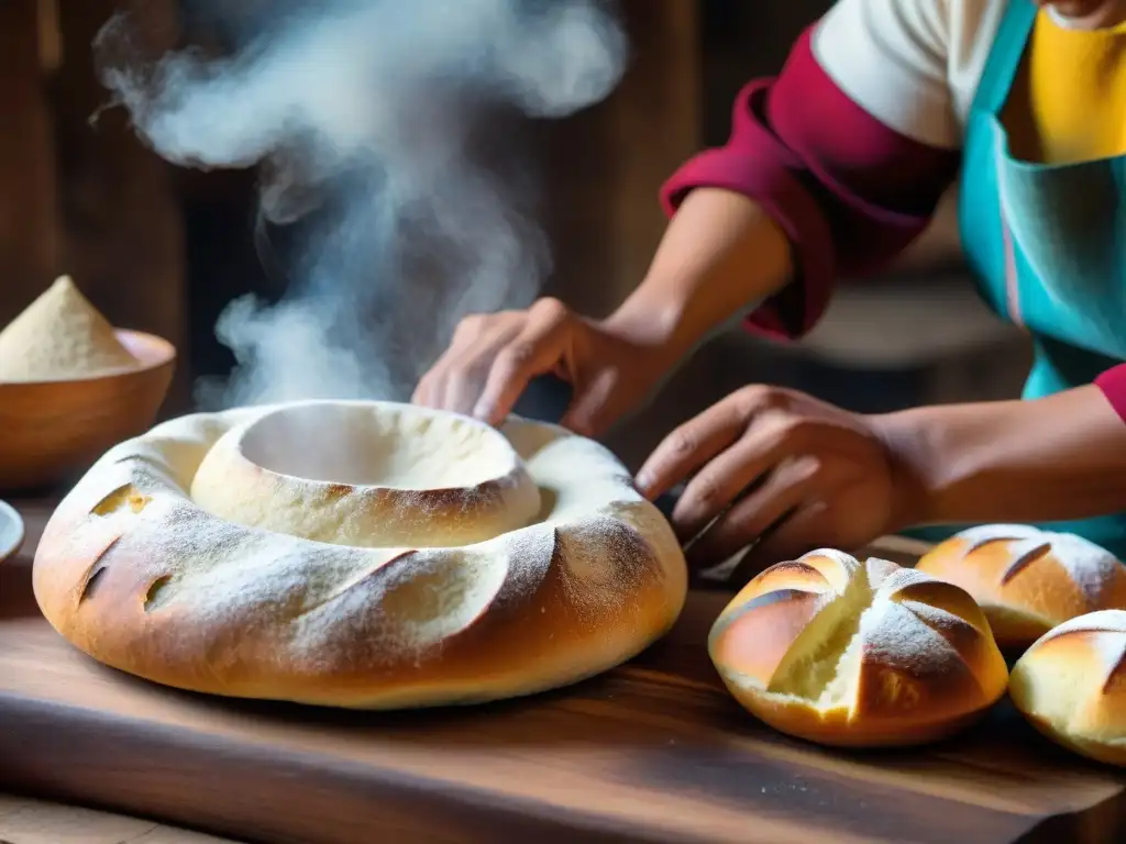 Un panadero peruano tradicional moldeando pan chuta fresco en horno rústico de leña, mostrando tradición y destreza gastronómica