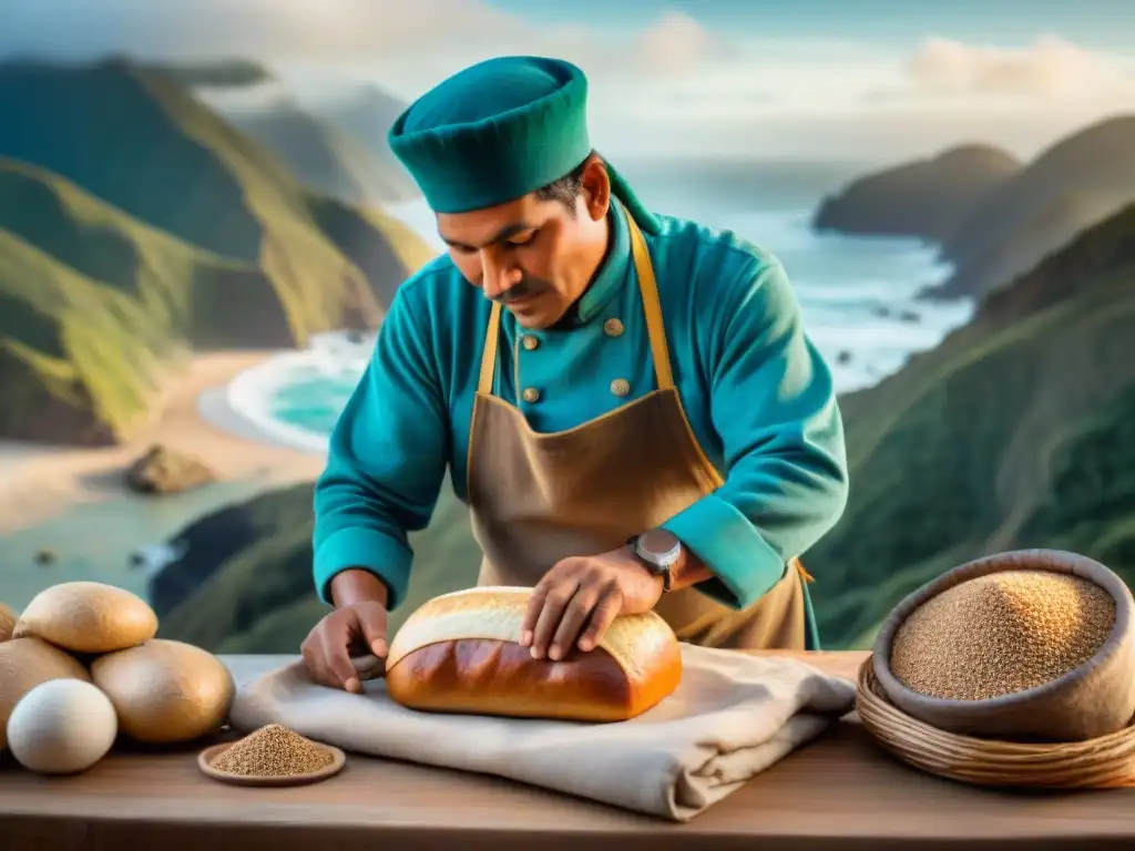 Un panadero peruano tradicional moldeando pan andino con vista al mar, entre granos locales