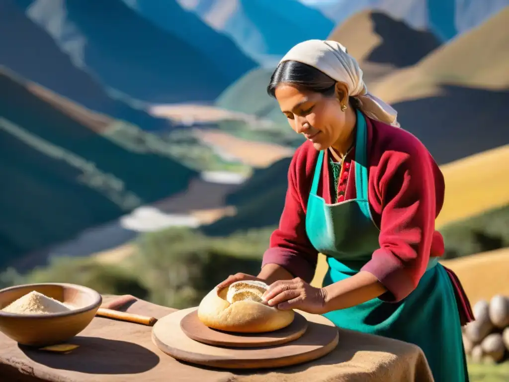 Un panadero tradicional peruano en los Andes moldea pan peruano con montañas de fondo