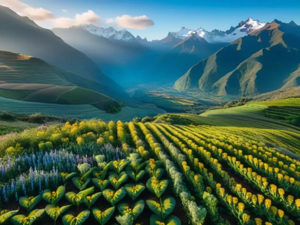 Panorámica de campo de tarwi en los Andes, destacando su belleza y sostenibilidad