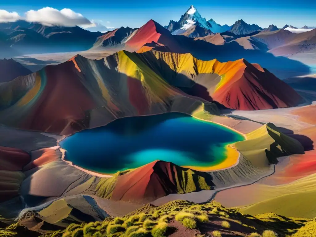 Panorámica detallada de la montaña Vinicunca con colores vibrantes y terreno agreste, ideal para una experiencia gastronómica montaña siete colores