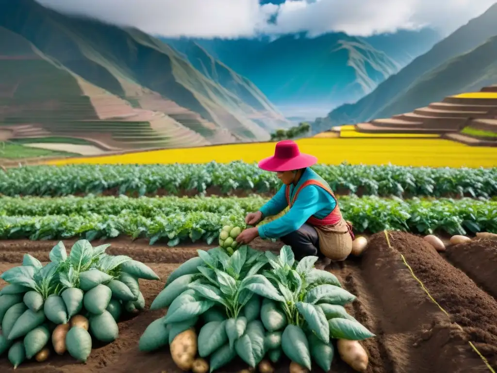 Plantación de papas peruanas autóctonas en los Andes